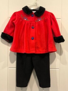 Cotton Candy Girl Coat & Pants Set Faux Fur Collar Red Black 12 Month NEW